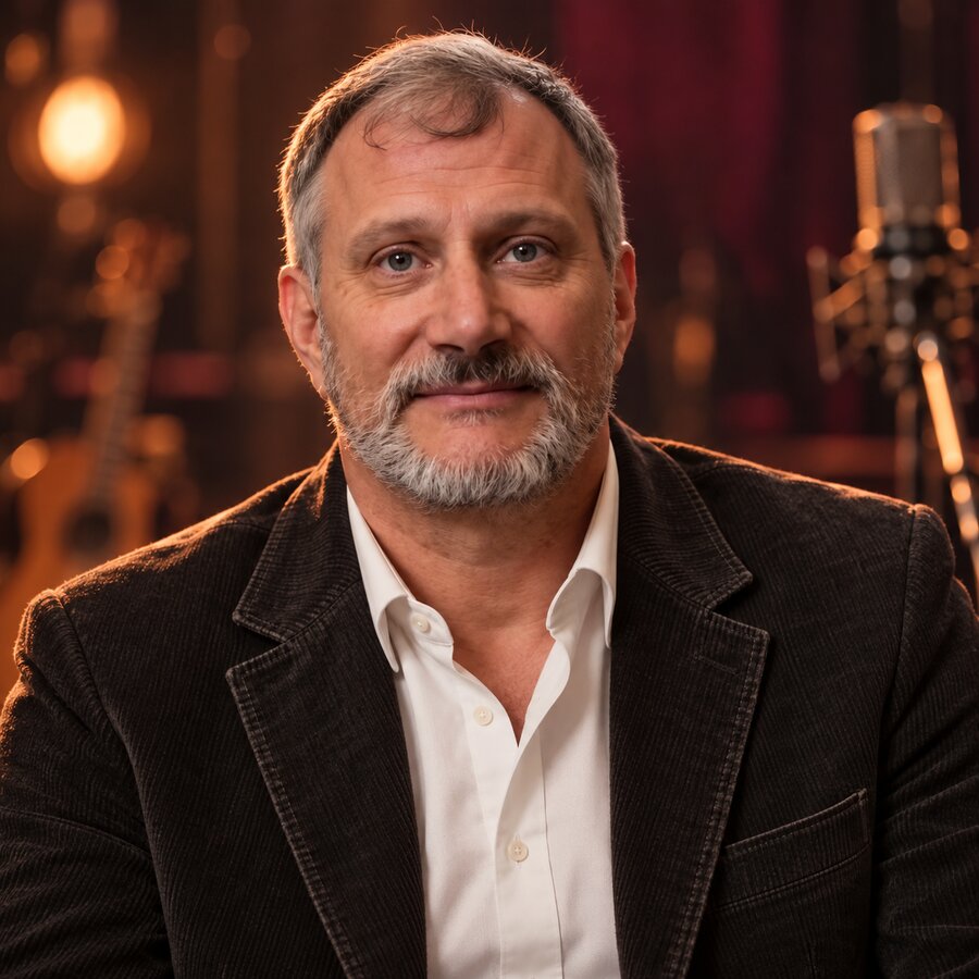 AI-created portrait of Eric Bryden Singer in a dark corduroy jacket, with a guitar and studio microphone behind him