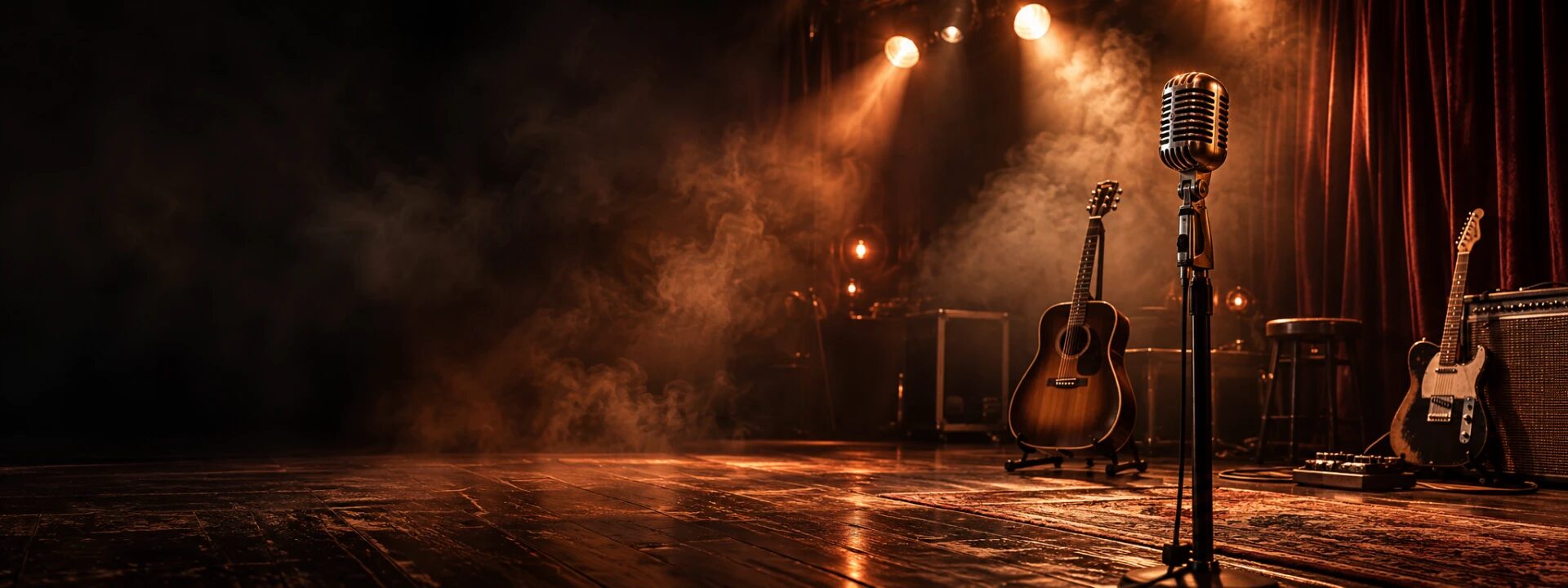 AI-generated concert stage with a vintage microphone, guitars and copper spotlights through haze